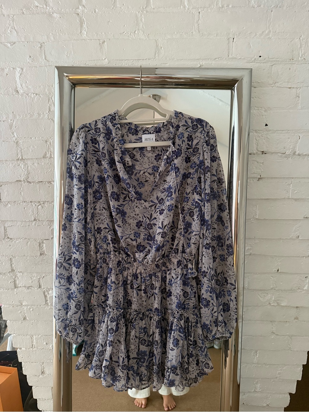 Misa Los Angeles Blue Floral Long-Sleeve Tiered Dress